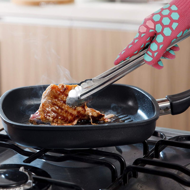 JH J H Heat Resistant Oven Glove:EN407 Certified 932 Â°F, 2 Layers Silicone Coating, Oven Mitts for Cooking,Kitchen,Fireplace, Grilling,1Pair (Coral Shell with Turquoise/Pink, Women Fits All) - Image 3
